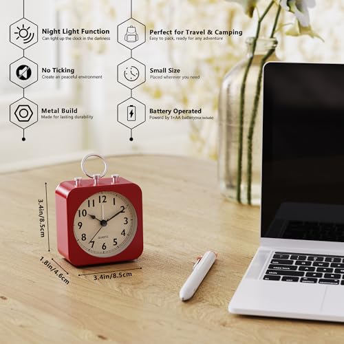 Image of AYRELY Small Metal Alarm Clock, Desk and Table Clock for Travel | Battery Operated Retro Silent Clock with Light for Bedroom, Bedside, Shelf and Living Room Decor (Red)