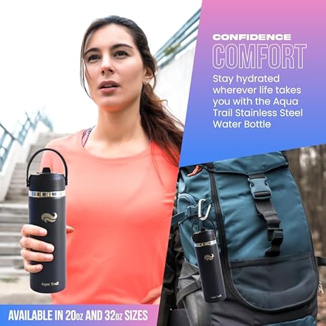 Water Bottle ¨C Double-Wall Insulated Stainless Steel with Straw & Spout Lids ¨C BPA-Free Flask for Hot & Cold Drinks ¨C 20oz & 32oz Sports Bottle for Travel, Gym, Car & School (Black, 20 Oz)