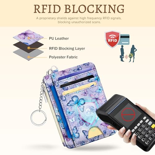 Image of Kelvoris Butterfly Credit Card Holder Slim Wallet Women Small RFID Keychain | Keychain, Zipper Coin Pocket, Front Pocket Thin Travel Card Case, Minimalist, 6 Card Slots, 1 ID Window, Ladies Gifts Woman