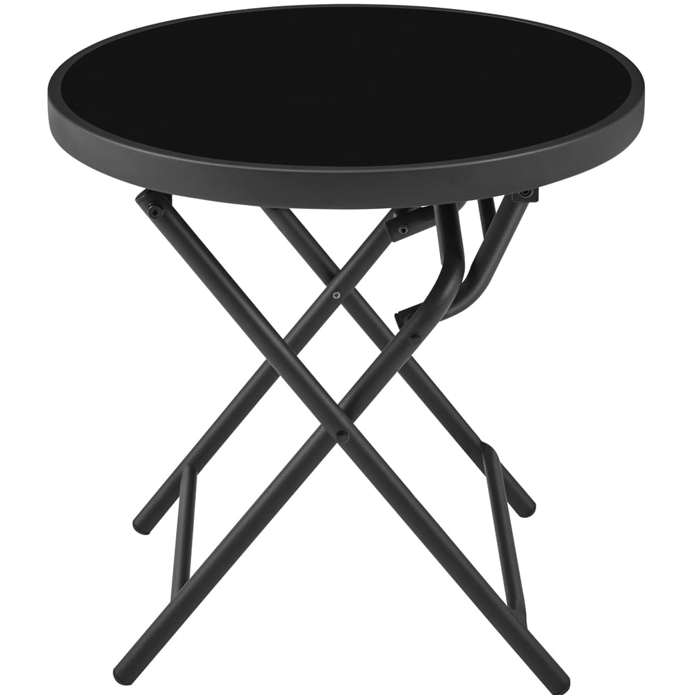 Yaheetech Glass Side Table 46cm Diameter Round Coffee Table Bistro Portable Folding Garden Table Black