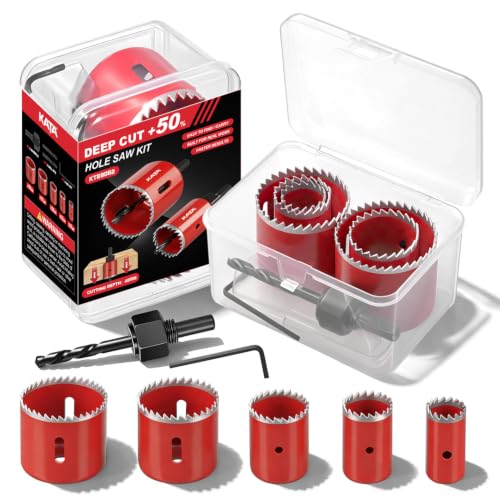 Image of KATA 8PCS Hole Saw Kit 1 inch-2-1 /8 inch Deep Cut 48mm for Wood, Plastic, Drywall | Hole Saw Set for Thicker Wood, Cabinet Panels and PVC, Carbon Steel Hole Cutter Drill Bit and Accessories in Storage Case