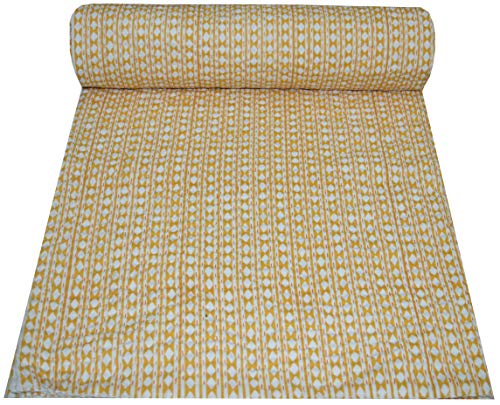 V Vedant Designs Indian Hand Block Cotton Twin Polka Dot Print Bedspread Bohemain Bedding Kantha Gudari (Yellow Colour)