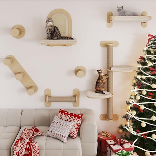BYBYME 7-teilige Katzen-Wandregale, Kratzbaum aus Massivholz für den Innenbereich, mehrere Ebenen, stabile wandmontierte Katzenklettergerüste aus Holz mit Kratzbäumen, Katzenbett (Naturholz) BYBYME 7-teilige Katzen-Wandregale, Kratzbaum aus Massivholz für den Innenbereich, mehrere Ebenen, stabile wandmontierte Katzenklettergerüste aus Holz mit Kratzbäumen, Katzenbett (Naturholz)