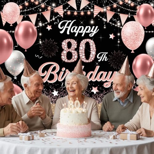 Image of 80th Birthday Decorations for Women - Happy 80th Birthday Banner Decorations Cheers to 80 Years Birthday Party Indoor and Outdoor Decoration Suppiles Pink Backdrop for 80th Birthday Party Favors Decor