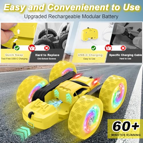 Image of Remote Control Car, Outdoor Toys RC Cars for Kids Ages 6-12, 4WD Double Sided Stunt Vehicle with Upgraded USB-C Modular Batteries, 5 6 7 8 9 10+ Year Old Boy Birthday Yellow