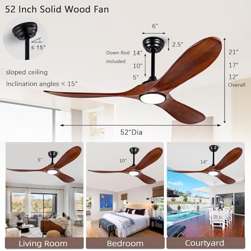 Image of 52-inch silent ceiling fan light with remote control, 3CCT, walnut finish. | 3CCT, mobile app, full memory function, for use in living rooms, dining rooms, bedrooms, offices, balconies, and outdoors.