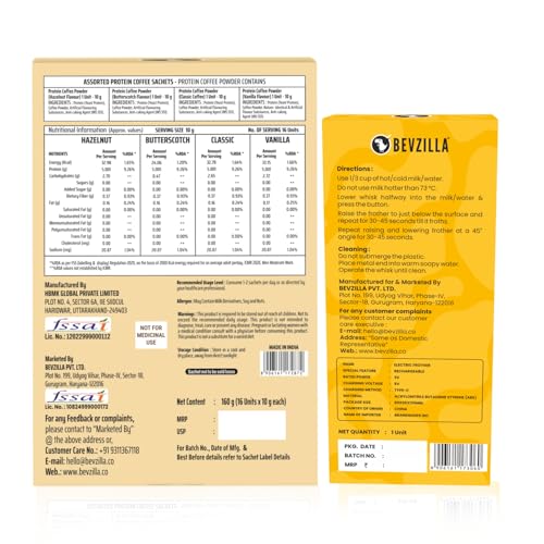 Image of Bevzilla Everyday Protein Coffee Sachets & Rechargeable Frother | Assorted 4 Flavour | 5 g Protein per Serve | 16 Sachets Pack | 3-Speed Electric Frother with Type-C Fast Charging