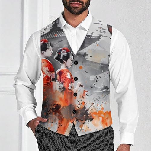Geisha Japanese Crane Birds Novelty Men's Suit Vest Casual Formal Dress Vests Business Waistcoat2