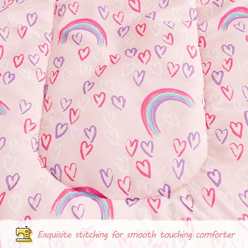 Image of Viviland Toddler Comforter Sets, 4 Pieces Bedding Sets, Rainbow Heart | Microfiber Pink Bed Set, Girls, Breathable & Soft, Comforter, Bed Sheet, Fitted Sheet and Pillowcase, Machine Washable