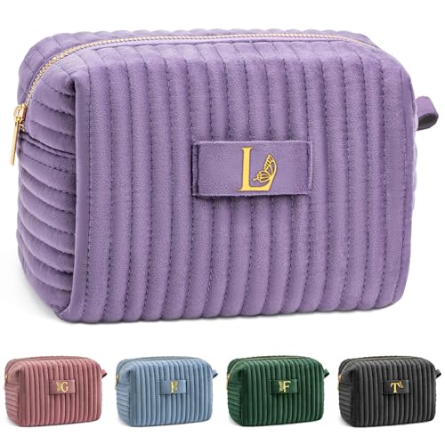 Image of COSHAYSOO Purple Bridesmaid Proposal Gifts Personalized Bridesmaids Initial Makeup Bag, Funny Trendy Bachelorette Party Favor Gift Bridal Shower Bride to be Maid of Honor Basket Box Stuffer Letter L