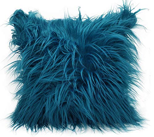 cushion mania Luxury Shaggy Faux Fur Covers or Cushions Large Fluffy Decorative Throw Pillows for Sofa and Bed Super Soft Long Hair Plush Cushions (Teal Blue, 21x21 Filled Cushion)