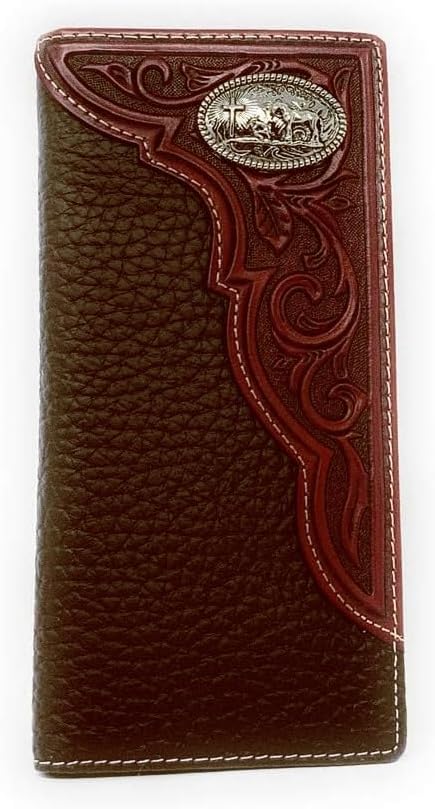 Western Premium Genuine Leather Tooled Men's Long Bifold Wallet premium cowboy wallets in 2 colors (Brown Praying cowboy)