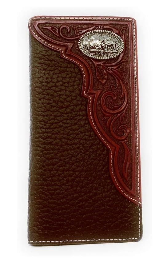 Western Premium Genuine Leather Tooled Men's Long Bifold Wallet premium cowboy wallets in 2 colors (Brown Praying cowboy)