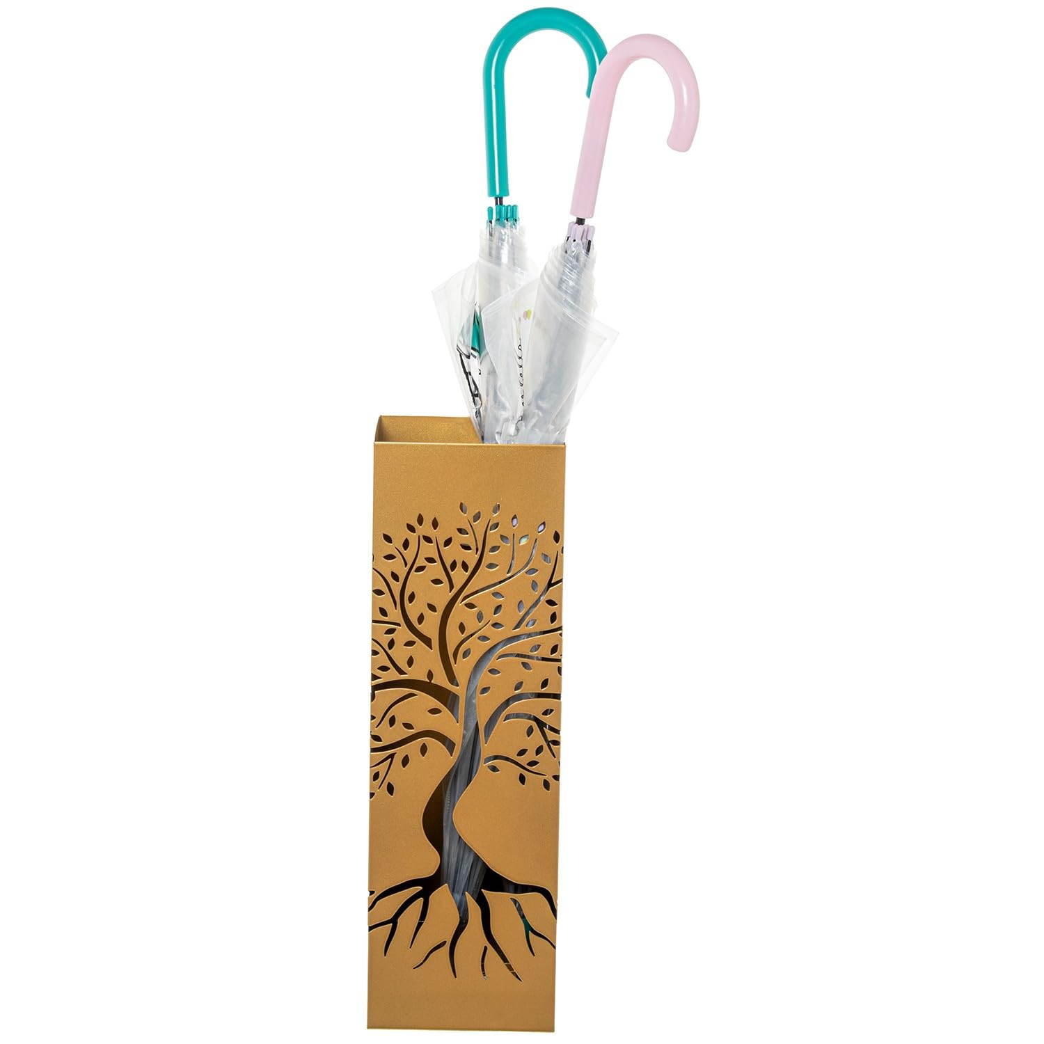 DRW Portaombrelli Quadrato In Metallo Con Albero Della Vita Dorato – 15,5x15,5x49 Cm