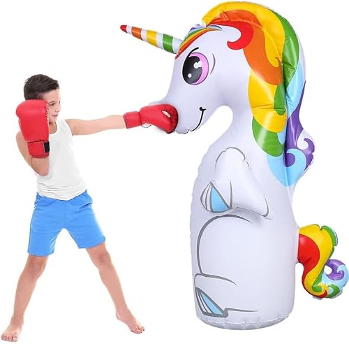 Fingertip WD 50 Inch Inflatable Unicorns Punching Bag for Kids, Unicorns Bop Bag with 6 Toss Rings,Kids Punching Bag Boxing Bag Toy for Children and Adults
