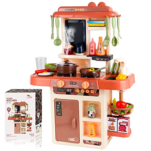 CELETOY Kitchen Playset, 42 PCS Kitchen Toy Set for Toddlers, Mini Kitchen Set with Realistic Lights & Sounds, Simulation of Spray, Toy Kitchen Accessories Set for Toddlers, Girls, Boys