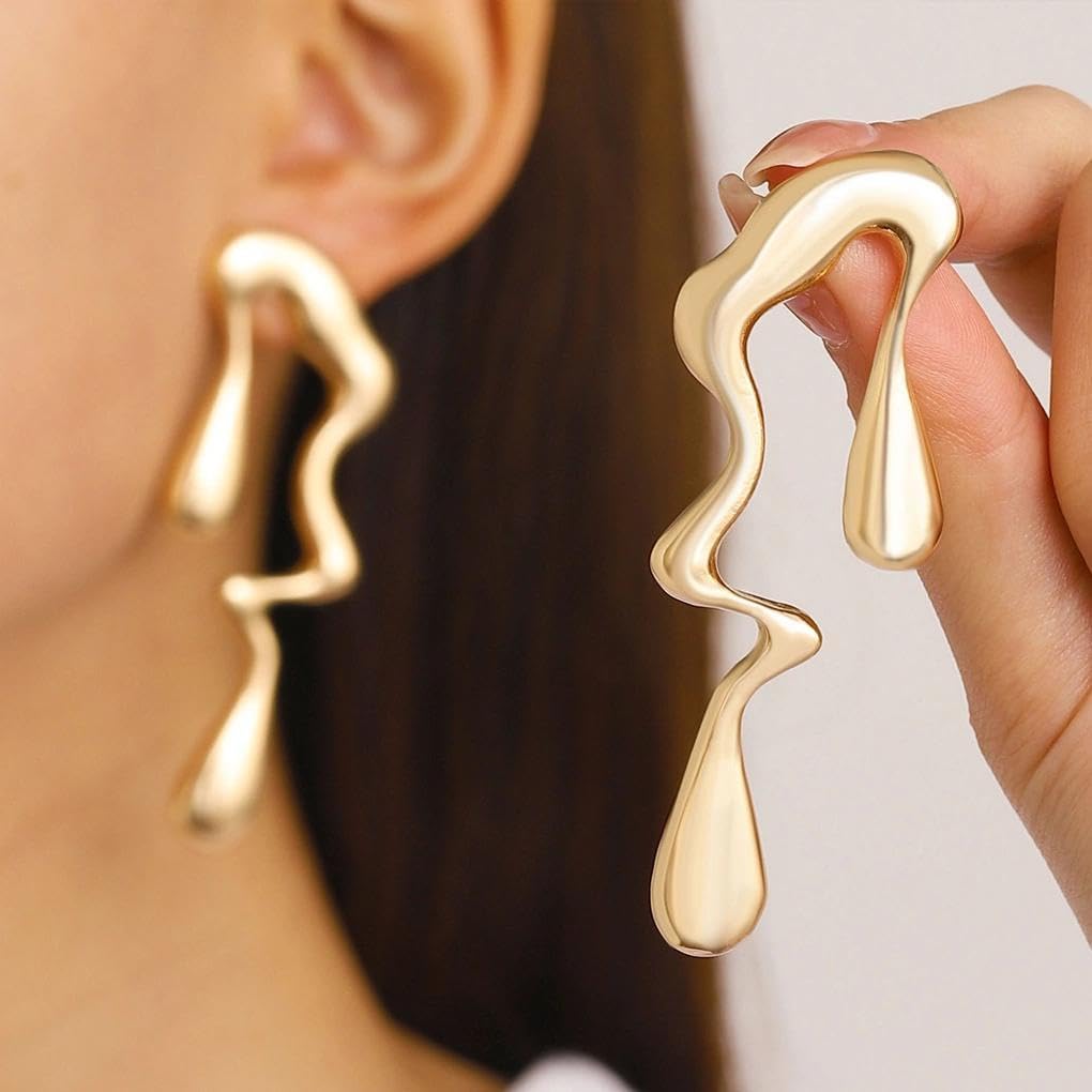 Big Gold Drop Earrings for Women Trendy Chunky Metal Lava Statement Earrings Irregular Teardrop Drop Earing Simple Everyday Jewelry Accessories Gift - Image 3