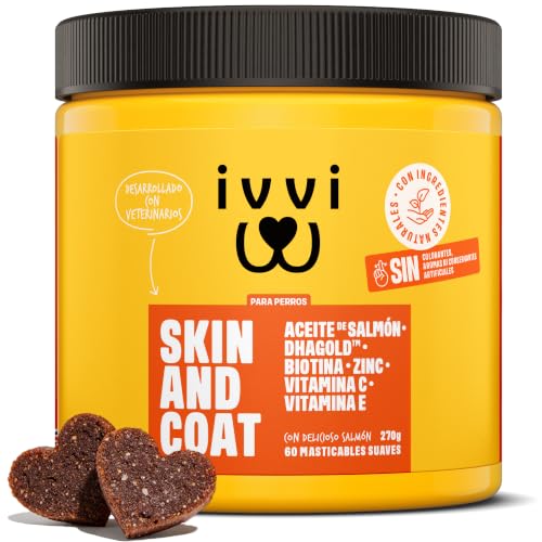 ivvi Skin & Coat Complemento Alimenticio para Perros, Anti-Picor, Pelaje Suave y Brillante - Omega 3, Aceite de Salmón, DHAgold, Vitaminas C, E y Zinc - 60 Golosinas de Salmón