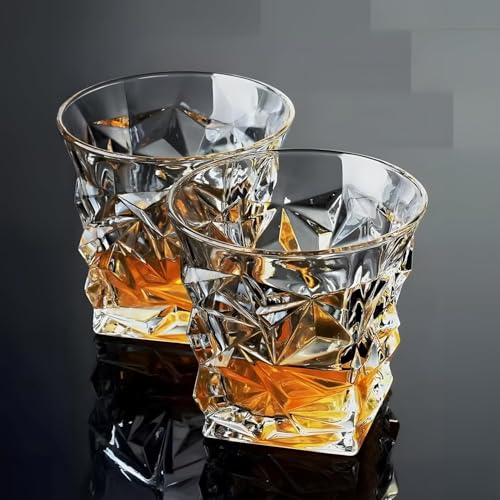 Image of Diamond Crystal Scotch Bourbon Whiskey Glasses, Old Fashioned Glasses Drinking Set, Whiskey Tumblers, Premium Bar Glassware Set of 2 Lead Free Neat Glass Heavy Bottom Drinking Glass