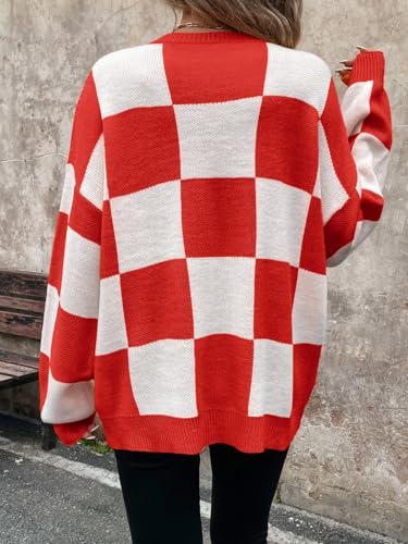 Image of SHENHE Women's Checkered Color Block Oversized Sweater Plaid Crew Neck Drop Shoulder Pullovers