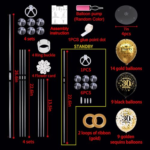 Image of TONIFUL 4 Set Black Gold 30 Printed Balloon Stands for 30th Birthday Decor