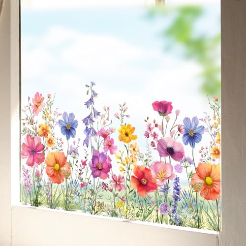 COMOOKA Blumen Fensterbilder Frühling Selbstklebend - 3 Bögen Statisch Haftende Fenstersticker mit Blüten Motiv - Frühlingsdeko Fenster - Blumig Fensterdeko für Frühling & Sommer