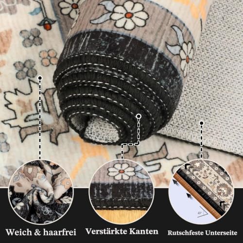 TUKDAK Vintage Teppich Wohnzimmer 120x180cm, Schwarz Weiß Waschbarer Teppich Schlafzimmer, Boho Kurzflor Esszimmer Teppiche… – Ansicht 6