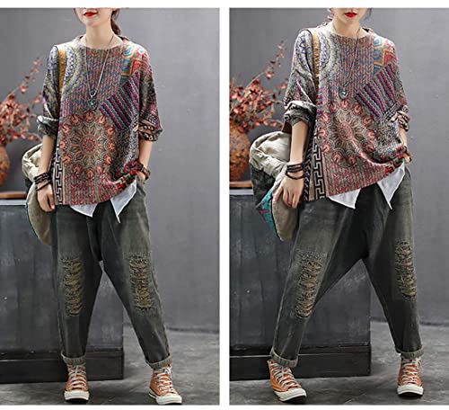 Image of YESNO Women Christmas Sweater Graphic Printed Oversized Pullover Sweaters Casual Loose Knit Tops S01