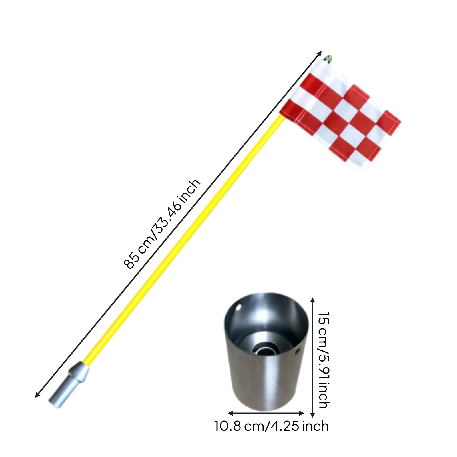Golf-Flaggenstange mit Edelstahlbecher Stabil Golflochbecher Wetterfest Golfzubehör für Garten, Rot, Weiß, 85cm Gelber Stab, Rot-weiß Karierte Flagge, Edelstahl-Lochbecher