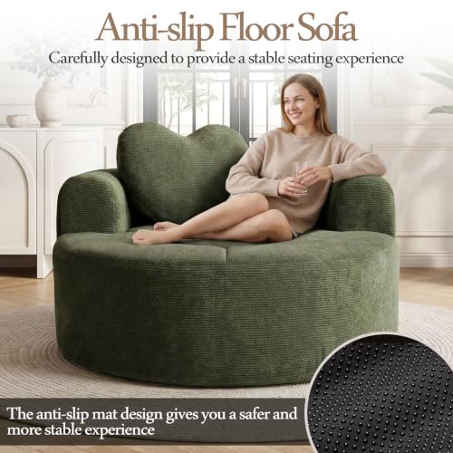 Image of Trustyue Boneless Couch,Comfy Fluffy Sofa Bed,Upholstered Sleeper Sofa with Cup Holder and Throw Pillows,Corduroy Plush Cloud Lounge Chair (Green, Waffle Polyester)