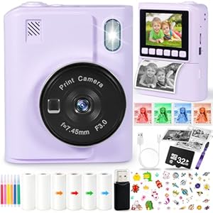 CYJJYZ Appareil Photo Instantané, 1080P Appareil Photo Enfant, 2,4" Écran, avec Carte de 32GB, Lecteur de Cartes, 6 Rouleaux de Papier d'impression, Cadeau Jouet pour Garçons Filles de 3 à 12 Ans