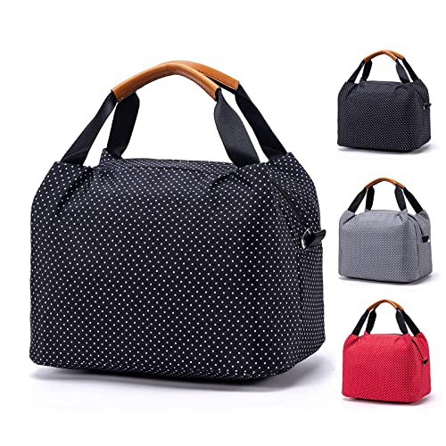 WSNDD Lunch Bag for Women, Insulated Kids Lunch Container with Leather Holder, Foldable Cute Small Cooler Polka Dot Lunch Tote Bag for Office School Picnic Camping Travel, 9L,Black (black)