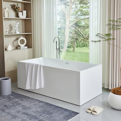 Vanity Art 67 X 32 Inch White Acrylic Freestanding Bathtub | Contemporary Design Soaking Tub with Pop-up Drain Overflow Included, UPC Certified VA6813B-L Cover