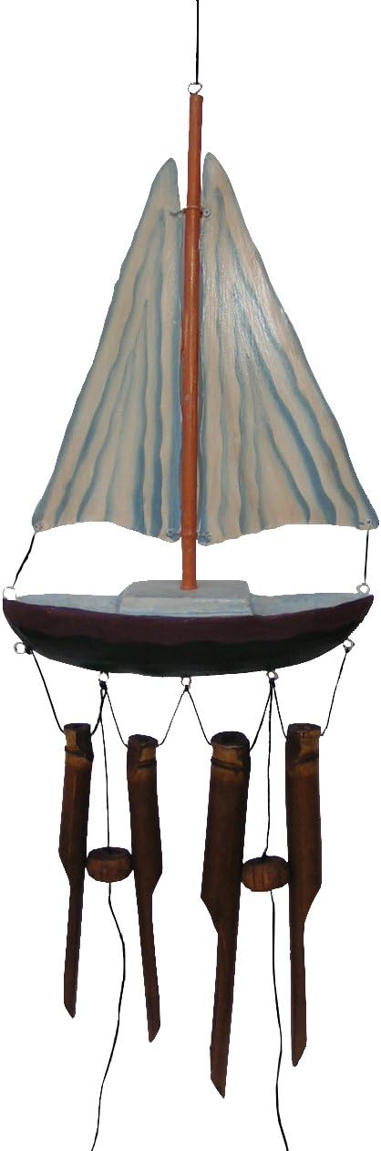 Cohasset Gifts 159 Cohasset Sail Boat Bamboo Wind Chime, Blue & White Distressed Finish