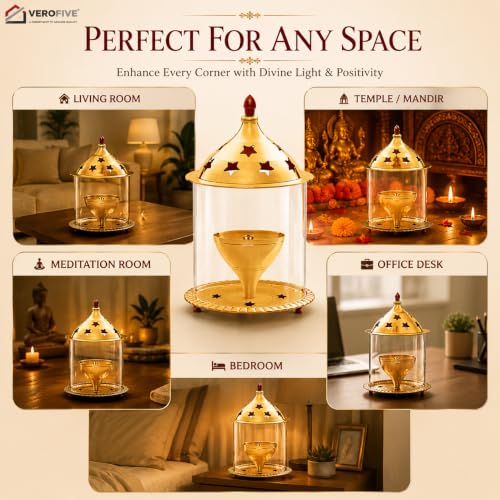 Image of Akhand Jyot Brass Diya - Traditional Akhanda Deepam with Oil Chamber & Protective Glass Cover - Long-Lasting Brass Diya for Puja & Festival Decor(Medium)