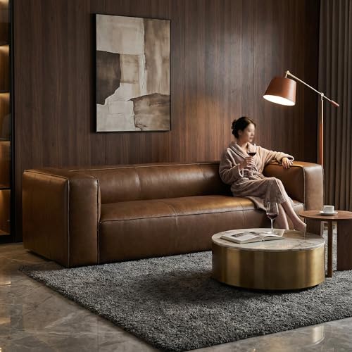 Image of Leather Sofa, 92.5 inch, Modern, Vintage, Luxury, for Living Room, Home Seating | 2026 New Luxury Curved Leather Sofa for Living Room, Soft Comfort Luxury Sofa with Vintage Leather Character, Home Seating