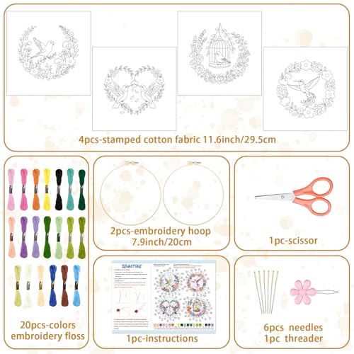 Image of BEUNITONE 4 Set Wreath and Bird Pattern Embroidery Kit for Adult Beginners