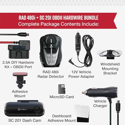 Image of Cobra RAD 480i Radar Detector & SC 201 Smart Dash Cam + 2.5A OBD Port to Micro USB DIY Easy Hardwire Kit: Long Range Rapid Radar Detection, Full HD 1080P Video + 16GB SD Card, Built-in WiFi & GPS