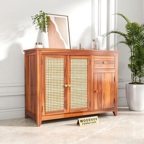 Image of Solid Sheesham Wood Sideboard Cabinet for Living Room | Crockery Cabinet with 2 Rattan Cane Door | Kitchen Display Unit 2 Rattan Cane Doors,1 Door Cabinet & 1 Drawer (Honey Finish)