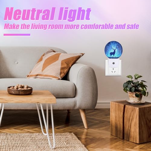 Image of Deer Pine Tree Night Light Foggy Forest Night Lights LED Lamp Round Plug into Wall Nightlight with Dusk to Dawn Sensor Home Hallway Stairway Kitchen Decor