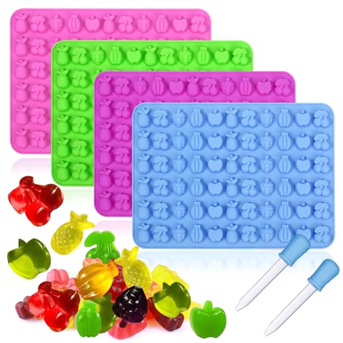 Palksky 4PCS Fruit Snack Molds Silicone Gummy Molds Trays with Dropper for Candy Chocolate Gummies Baking(Cherries Grape Banana Apple Pineapple)