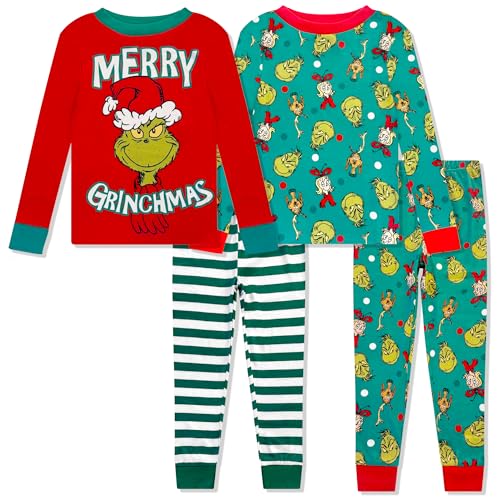 Dr. Seuss The Grinch Christmas Pajamas 4 Piece Set - Holiday Sleepwear Long Sleeve Tops & Pants Matching Kids Boys Girls PJ Set Red-green