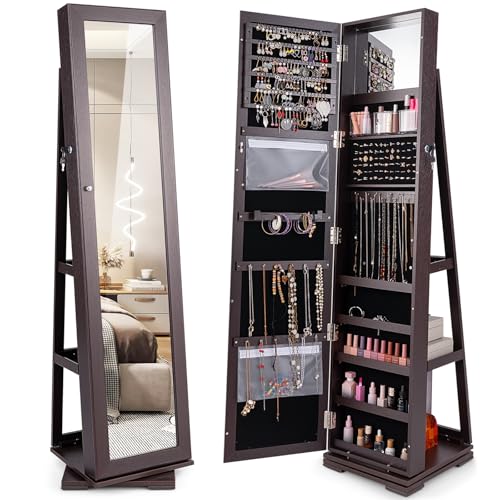 COSTWAY Schmuckschrank, Spiegelschrank mit Ganzkörperspiegel und eingebautem Make-up-Spiegel, 360° drehbar, abschließbar, stehend,...