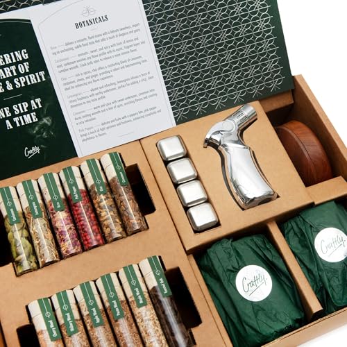 Kit de defumador de uísque e coquetel, kit de madeira e defumação botânica de primeira qualidade, inclui 6 chips de madeira, 6 botânicos, 2 copos, pedras de uísque, tocha e chaminé, presente único
