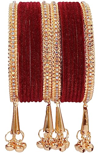 Image of NMII Metal with Zircon Gemstone and Velvet Studded Bells Latkan Bangles Set For Girls and Women I Latkan Bangles, Premium Bangle Bracelet Set I Pack of 16 Bangles