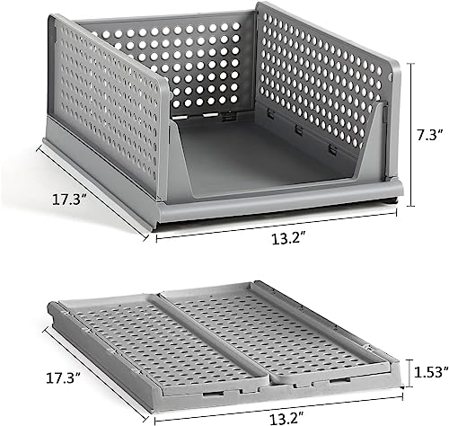 Image of MECHDEL Wardrobe Organizer for Storage /Polypropylene Foldable & Stackable Closet Basket /Cupboard Organizer for Clothes /Mounted Closet Systems (FOLDABLE BASKET-GREY, 2PCS)