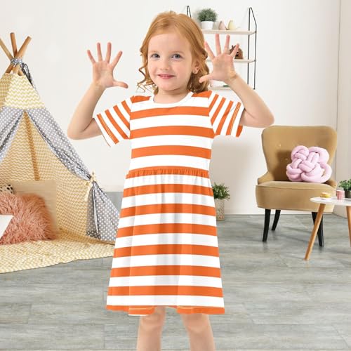 Orange White Stripes Girls Short Sleeve Dress Summer Fashion A-line Skater Dresses4