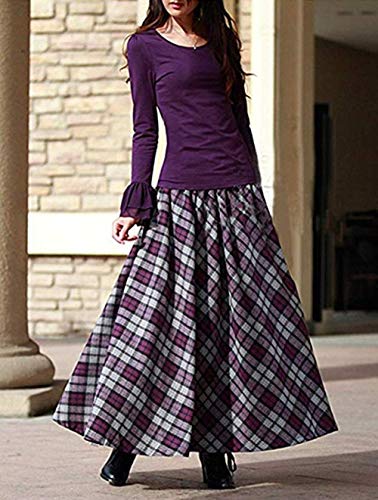 Women's Thick Vintage Plaid Pleated Skirt Autumn Winter Long Skirts2