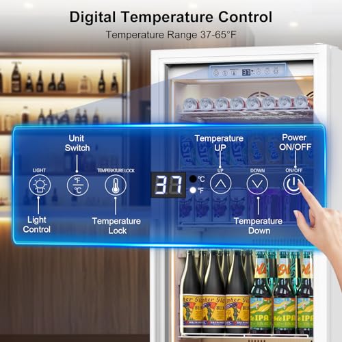 Image of Commercial Display Refrigerator with Reversible Glass Door, Upright Beverage Cooler Merchandiser, Drink Fridge with Door Lock for Restaurant Supermarket Convenience Store, 13.8 Cu.Ft