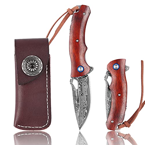 FORESAIL Japanese Handmade Damascus Steel folding Knives Handmade 3.15in Japanese VG10 Core Blade Pocket Knife and 4.25in Dalbergia wood Handle Outdoor Tactical Knives EDC knfie (F-210506)